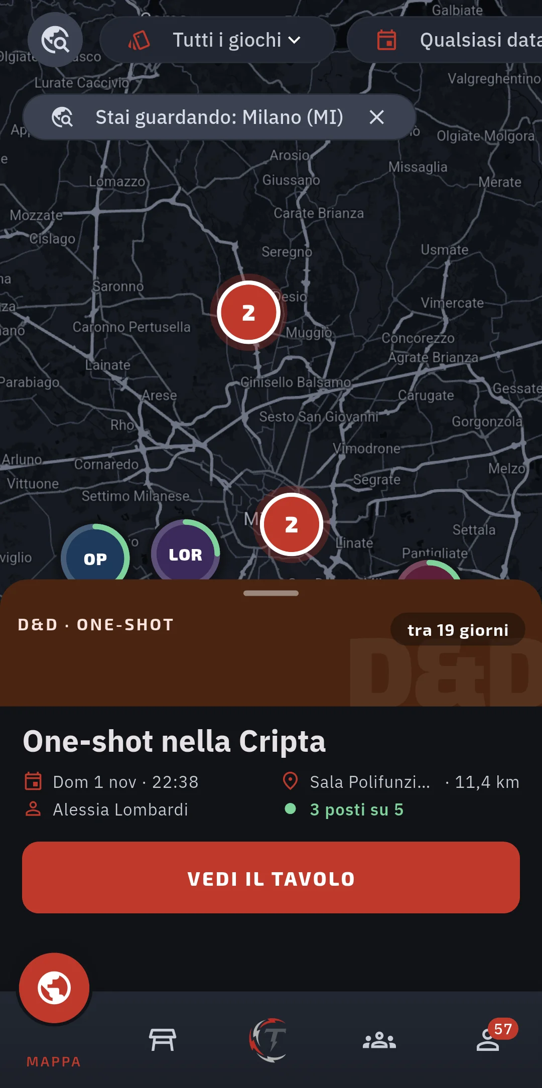La mappa con i tavoli vicini e l’anteprima di un tavolo