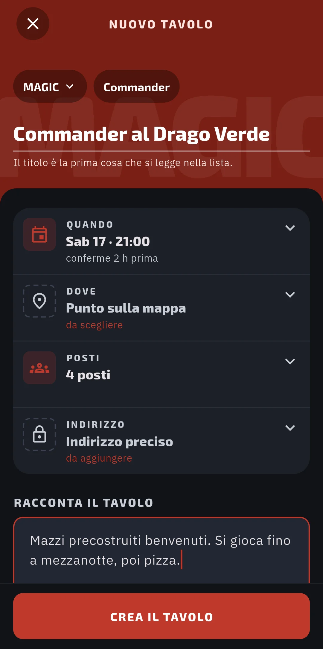 Il modulo per aprire un nuovo tavolo